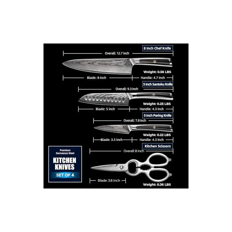 Sunnecko Set 4 Cuțite Damascus Bucătărie + Foarfece