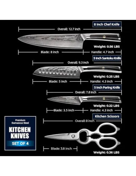 Sunnecko Set 4 Cuțite Damascus Bucătărie + Foarfece