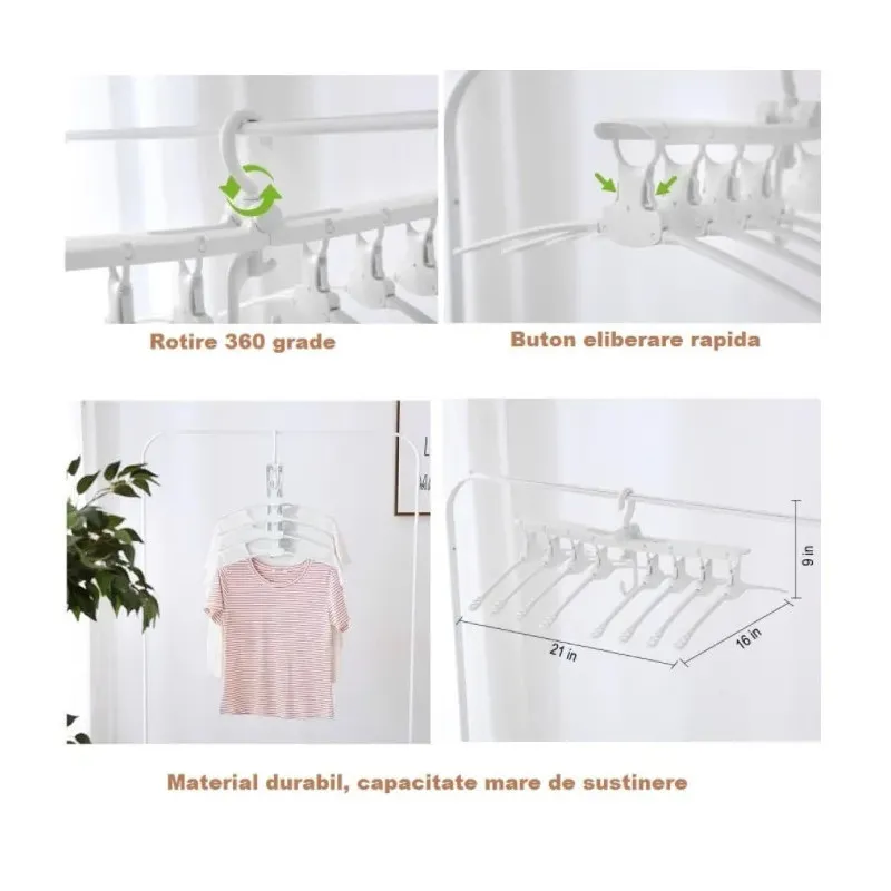 Umeraș Organizator Haine 8 în 1, Pliabil, Rotire 360°, Capacitate 15 kg, Alb