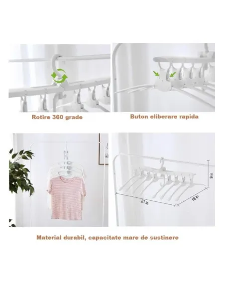Umeraș Organizator Haine 8 în 1, Pliabil, Rotire 360°, Capacitate 15 kg, Alb