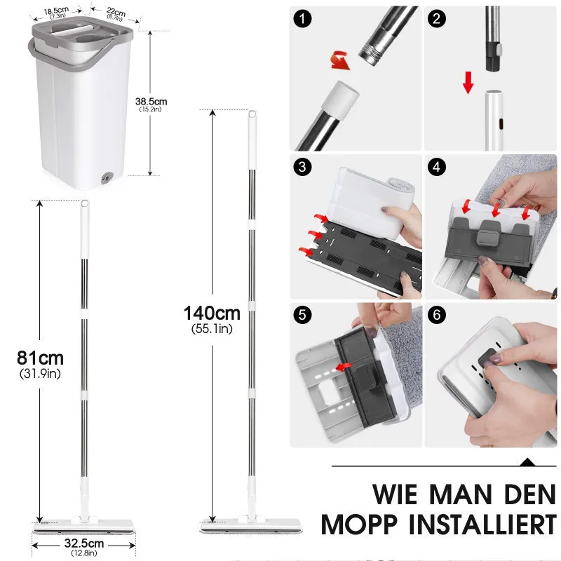 Set de mop MASTERTOP cu găleată, mop plat pentru podea cu mâner reglabil de 140 cm și 6 rezerve de mop din microfibră, găleată d