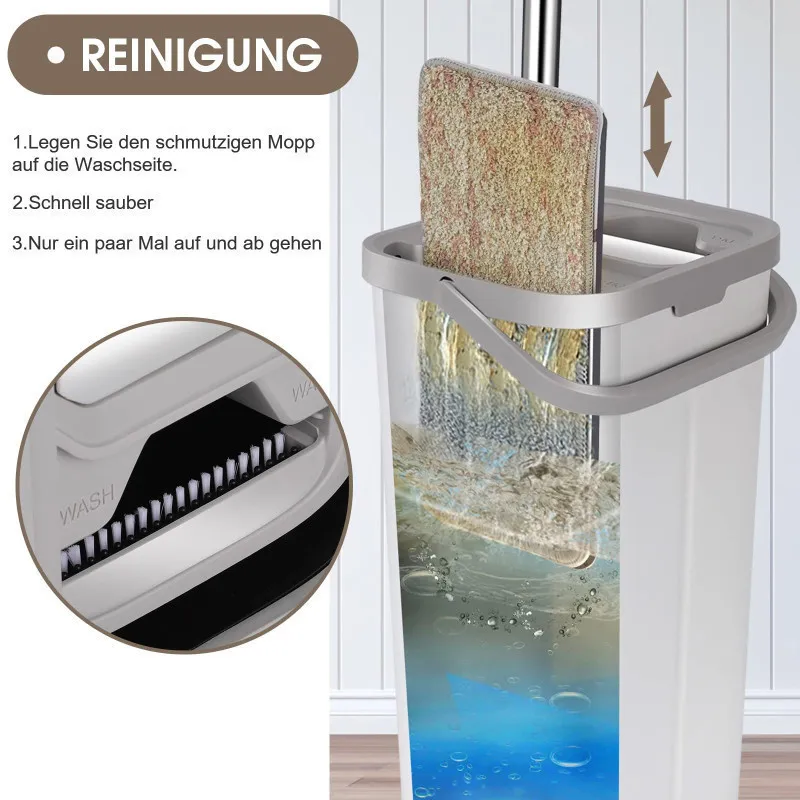 Set de mop MASTERTOP cu găleată, mop plat pentru podea cu mâner reglabil de 140 cm și 6 rezerve de mop din microfibră, găleată d