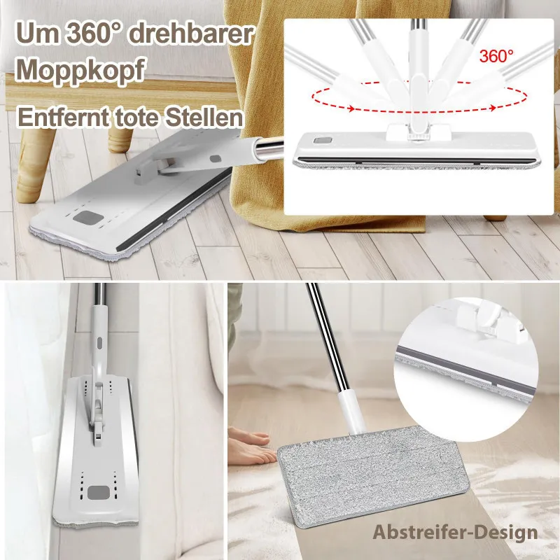 Set de mop MASTERTOP cu găleată, mop plat pentru podea cu mâner reglabil de 140 cm și 6 rezerve de mop din microfibră, găleată d
