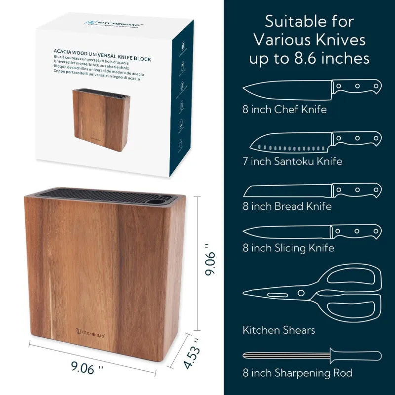 Suport de cutite din lemn Acacia, design universal cu sloturi protectoare KITCHENDAO XL