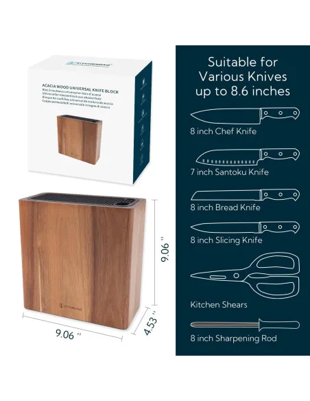 Suport de cutite din lemn Acacia, design universal cu sloturi protectoare KITCHENDAO XL