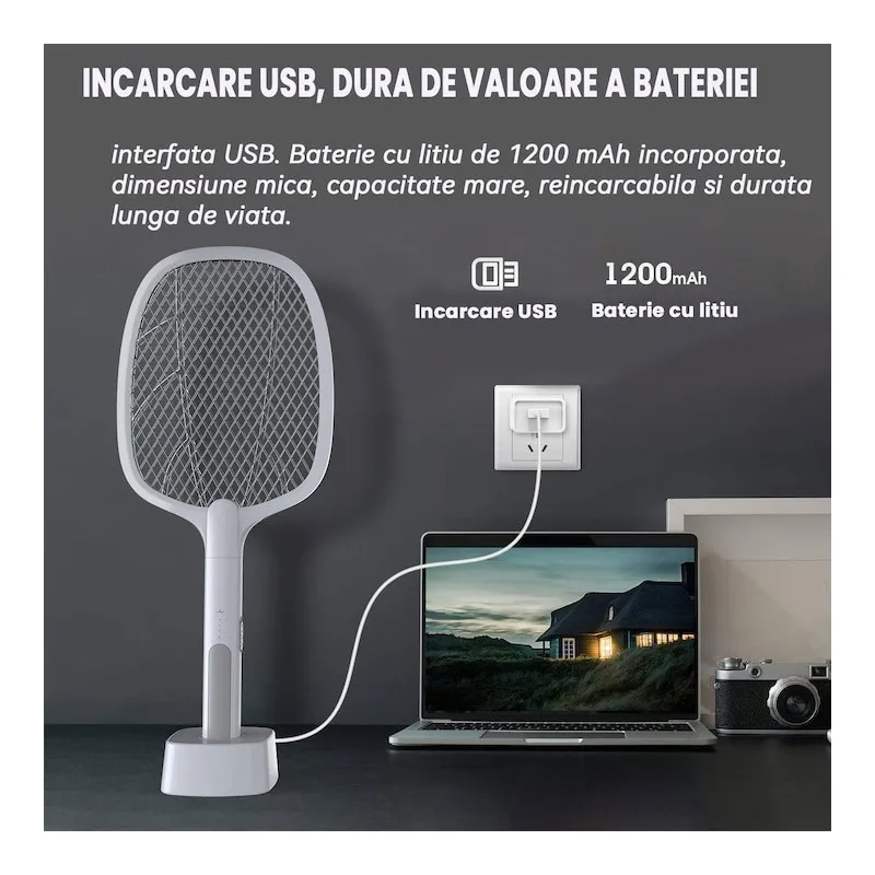 Paletă Electrică Anti-Insecte 3000V, USB, 1200mAh