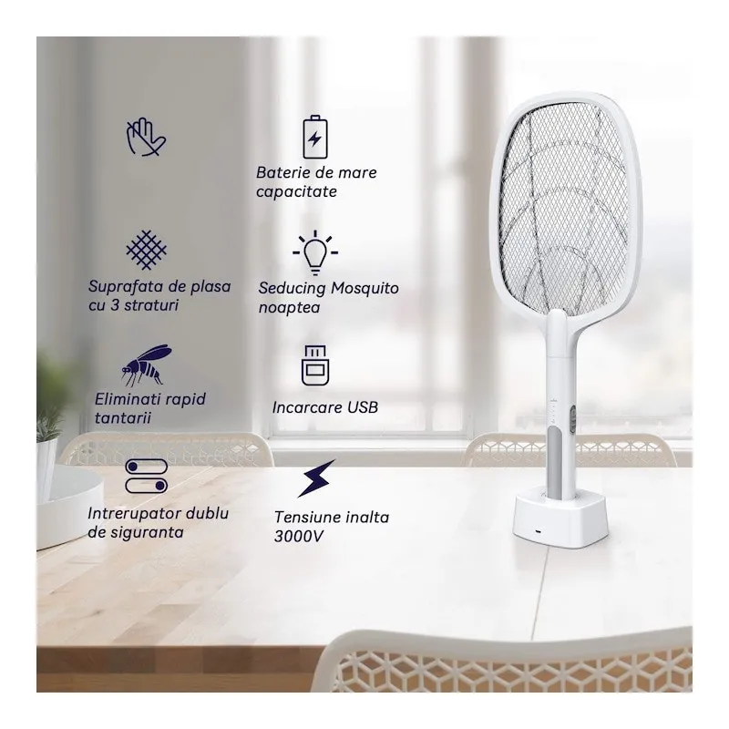 Paletă Electrică Anti-Insecte 3000V, USB, 1200mAh