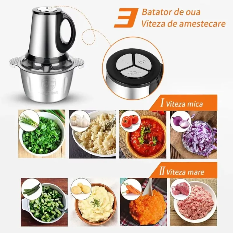 Tocator Electric 300W pentru Carne și Legume, 4 Lame Inox, 5L, Argintiu