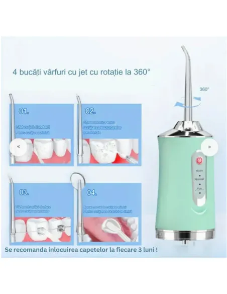 Irigator Bucal Portabil cu 3 Niveluri de Presiune, 4 Capete – Curățare 360° pentru Dinți și Gingii