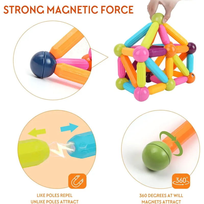 Magnetic Sticks 64 Piese – Jucărie Magnetică Educațională pentru Modele 3D