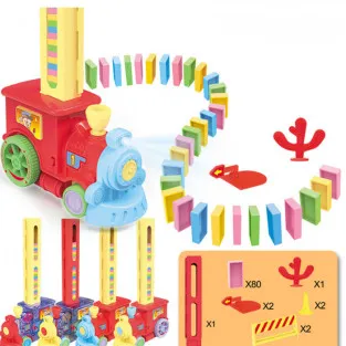Trenuleț Domino pentru Copii – 80 Piese, Construcție Automată, Lumini & Sunete