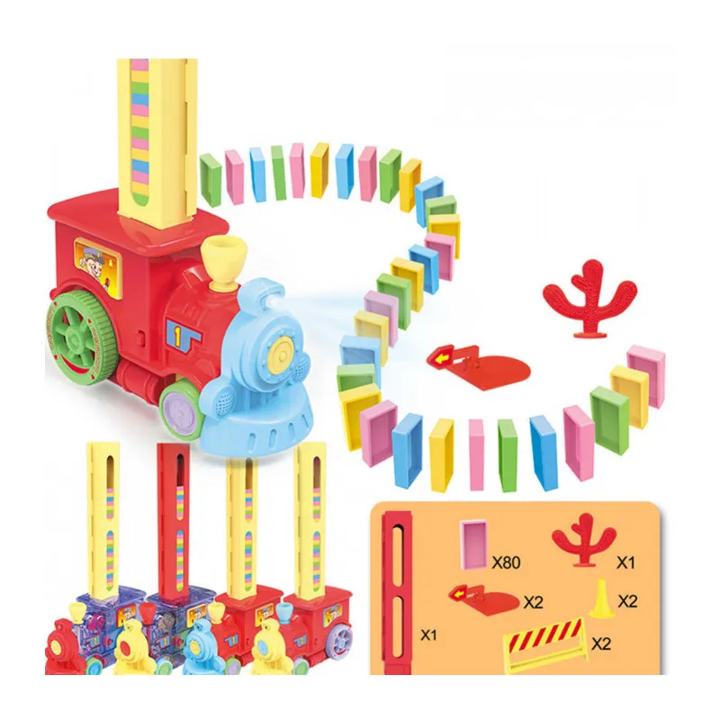 Trenuleț Domino pentru Copii – 80 Piese, Construcție Automată, Lumini & Sunete