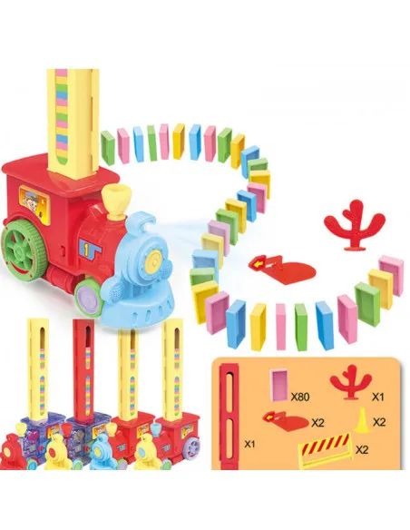 Trenuleț Domino pentru Copii – 80 Piese, Construcție Automată, Lumini & Sunete