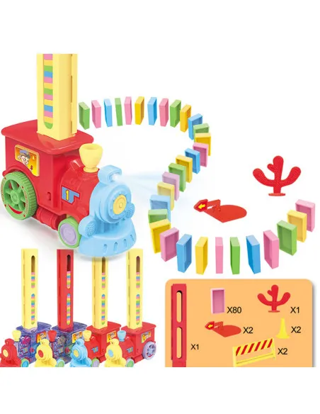 Trenuleț Domino pentru Copii – 80 Piese, Construcție Automată, Lumini & Sunete