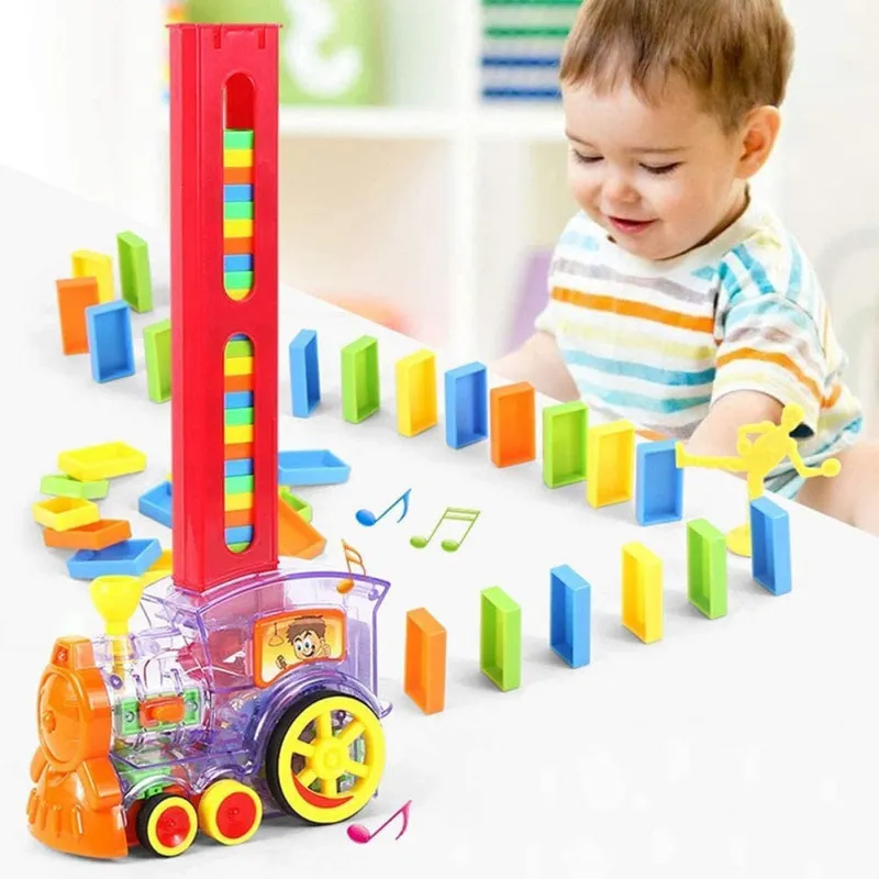 Trenuleț Domino pentru Copii – 80 Piese, Construcție Automată, Lumini & Sunete