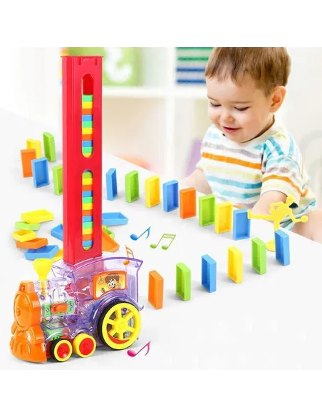 Trenuleț Domino pentru Copii – 80 Piese, Construcție Automată, Lumini & Sunete