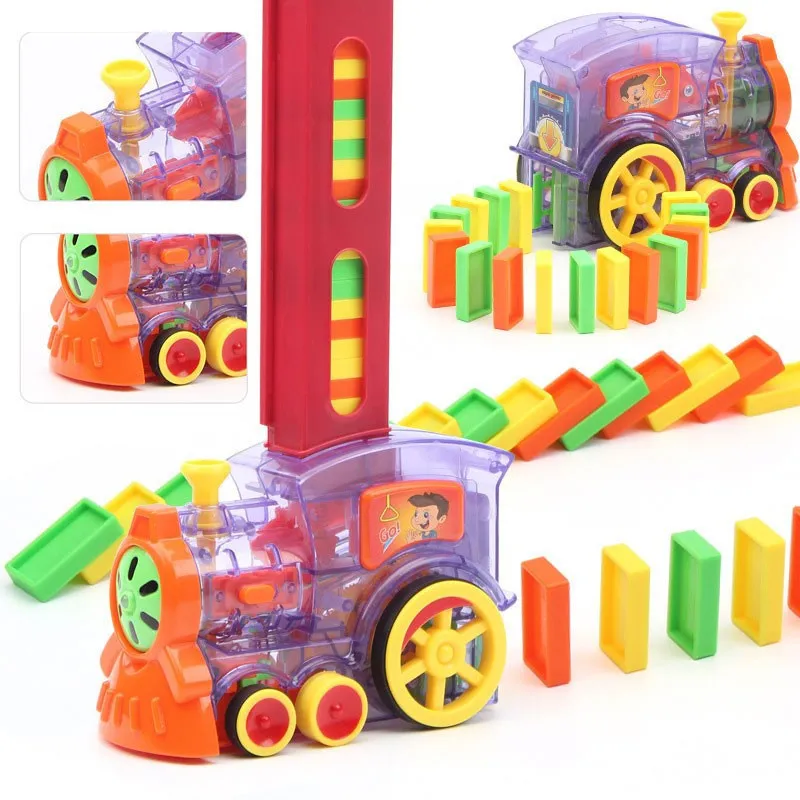 Trenuleț Domino pentru Copii – 80 Piese, Construcție Automată, Lumini & Sunete
