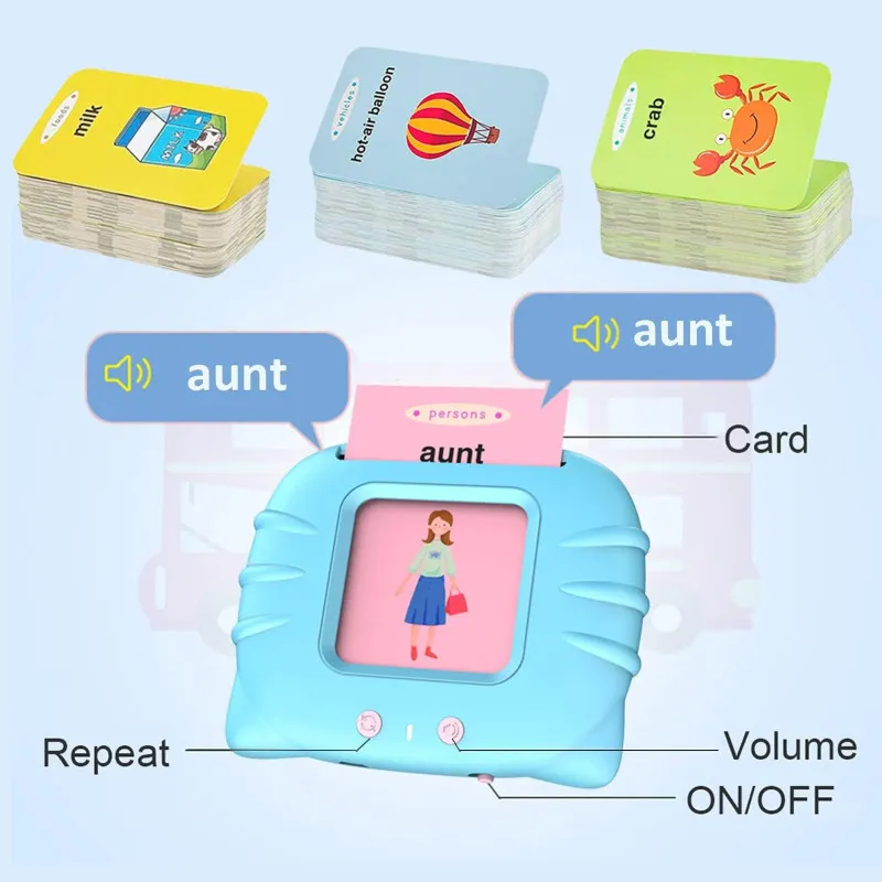 Set invatare cuvinte engleză – Jucărie educativa audio, 114 flash carduri (228 cuvinte), pentru copii 2+ ani, culoare albastră