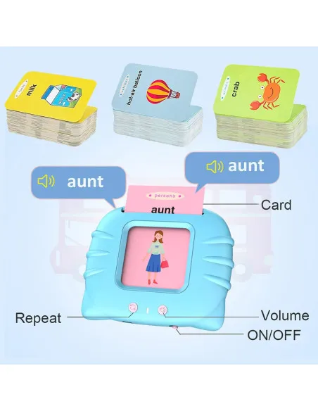 Set invatare cuvinte engleză – Jucărie educativa audio, 114 flash carduri (228 cuvinte), pentru copii 2+ ani, culoare albastră