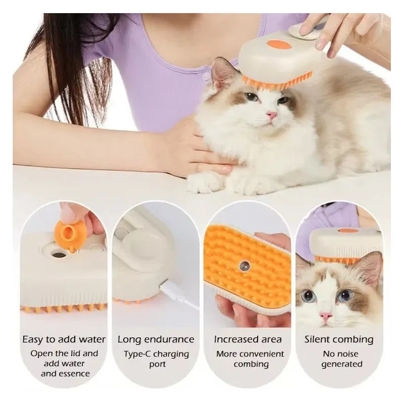 Perie cu aburi 3 in 1 pentru animale, maner rotativ 360