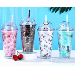 Pahar Plastic Sclipici cu Capac Bombat și Pai Reutilizabil, 450 ml, Multicolor