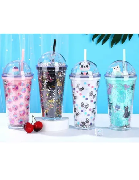 Pahar Plastic Sclipici cu Capac Bombat și Pai Reutilizabil, 450 ml, Multicolor