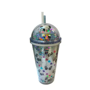 Pahar Plastic Sclipici cu Capac Bombat și Pai Reutilizabil, 450 ml, Multicolor 2