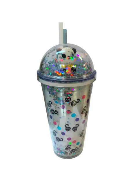 Pahar Plastic Sclipici cu Capac Bombat și Pai Reutilizabil, 450 ml, Multicolor