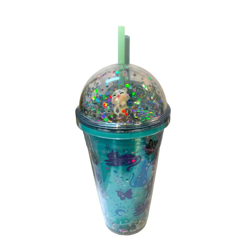 Pahar Plastic Sclipici cu Capac Bombat și Pai Reutilizabil, 450 ml, Multicolor