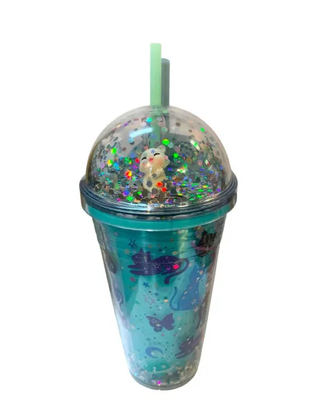 Pahar Plastic Sclipici cu Capac Bombat și Pai Reutilizabil, 450 ml, Multicolor