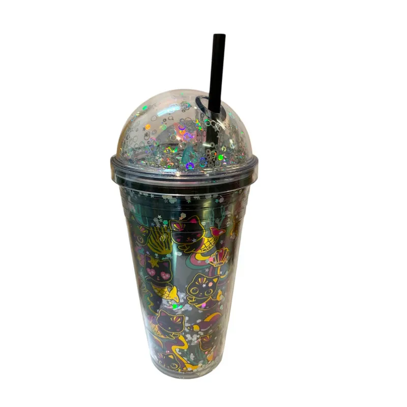 Pahar Plastic Sclipici cu Capac Bombat și Pai Reutilizabil, 450 ml, Multicolor