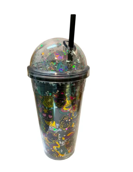 Pahar Plastic Sclipici cu Capac Bombat și Pai Reutilizabil, 450 ml, Multicolor