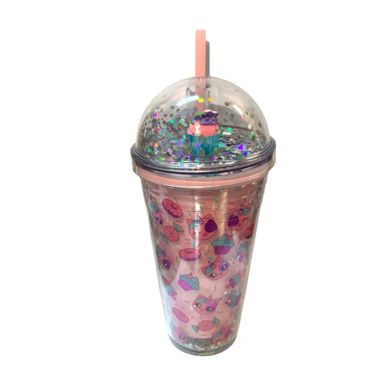 Pahar Plastic Sclipici cu Capac Bombat și Pai Reutilizabil, 450 ml, Multicolor