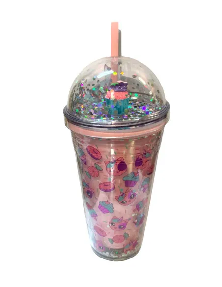 Pahar Plastic Sclipici cu Capac Bombat și Pai Reutilizabil, 450 ml, Multicolor