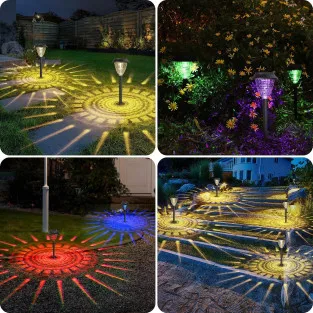 Set 4 Lampi Solare LED pentru Alee și Grădină, Alb Cald + RGB, Schimbare Culoare, IP65
