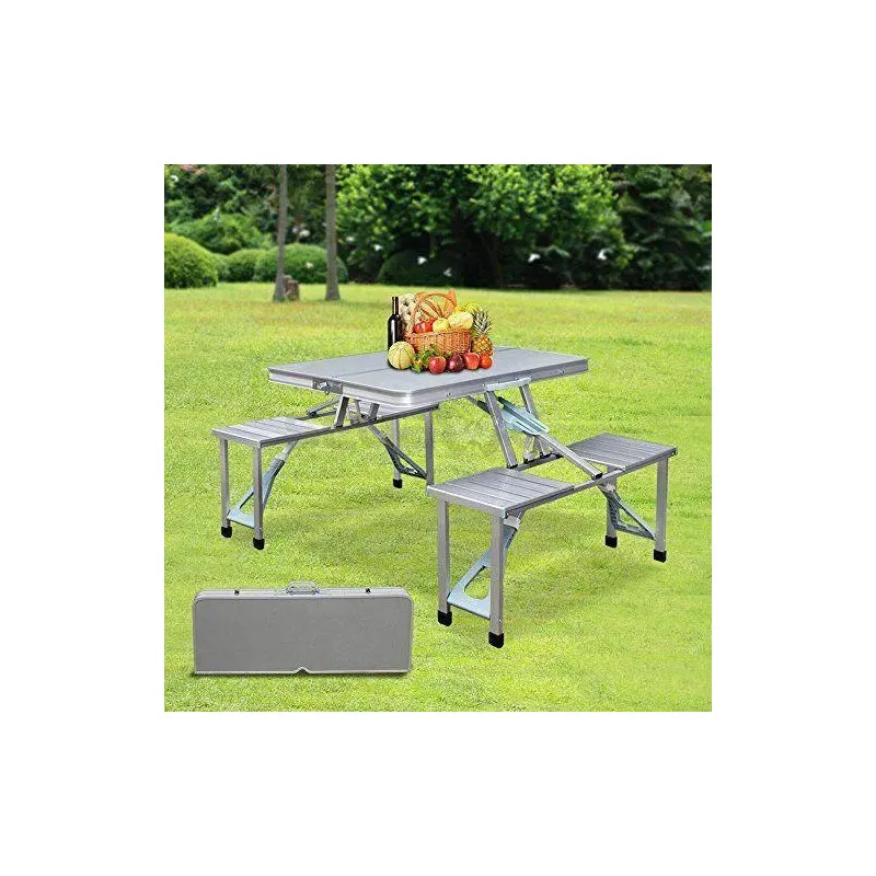 Masă pliabilă tip geamantan pentru picnic, aluminiu, set 5 piese (1 masă + 4 scaune), 84 x 66 cm