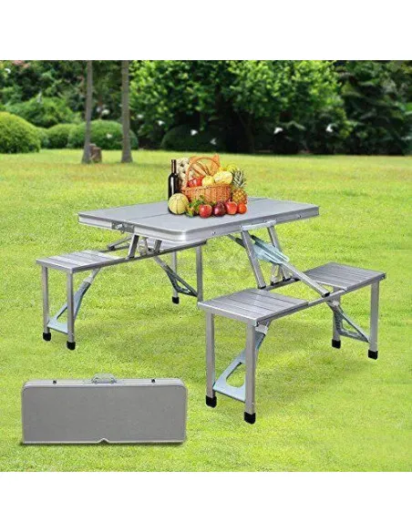 Masă pliabilă tip geamantan pentru picnic, aluminiu, set 5 piese (1 masă + 4 scaune), 84 x 66 cm