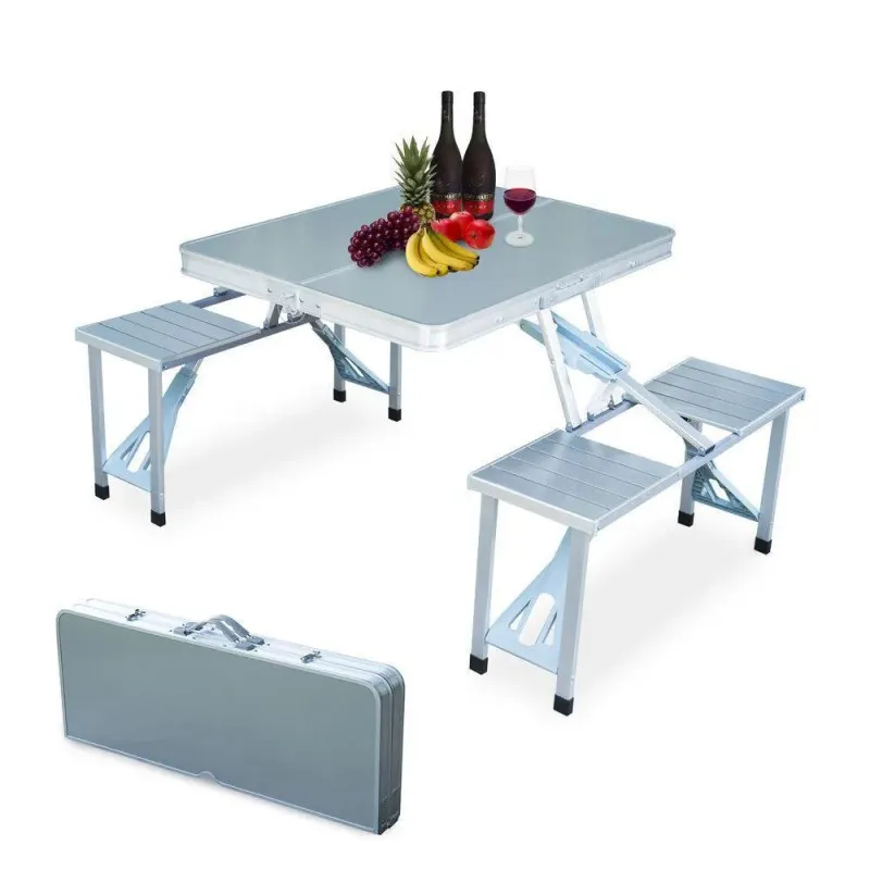 Masă pliabilă tip geamantan pentru picnic, aluminiu, set 5 piese (1 masă + 4 scaune), 84 x 66 cm