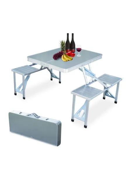 Masă pliabilă tip geamantan pentru picnic, aluminiu, set 5 piese (1 masă + 4 scaune), 84 x 66 cm