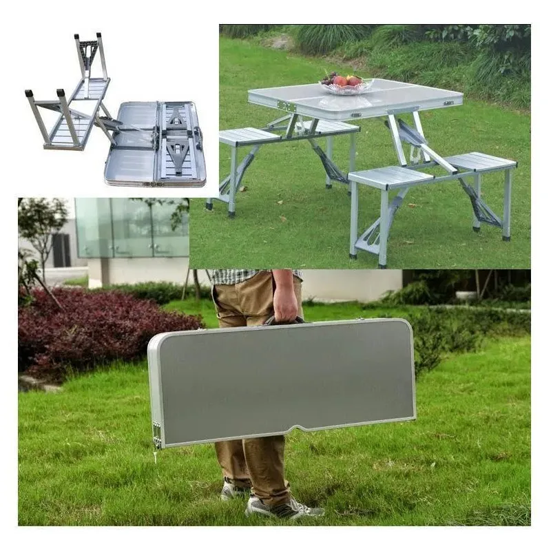 Masă pliabilă tip geamantan pentru picnic, aluminiu, set 5 piese (1 masă + 4 scaune), 84 x 66 cm