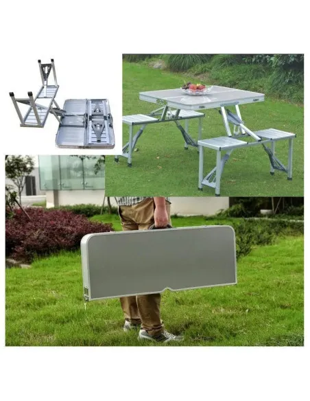 Masă pliabilă tip geamantan pentru picnic, aluminiu, set 5 piese (1 masă + 4 scaune), 84 x 66 cm
