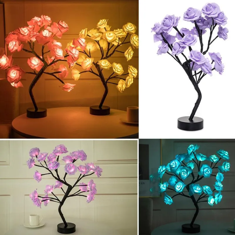 Veioza trandafir cu 24 de leduri, alb/crem, 45 cm