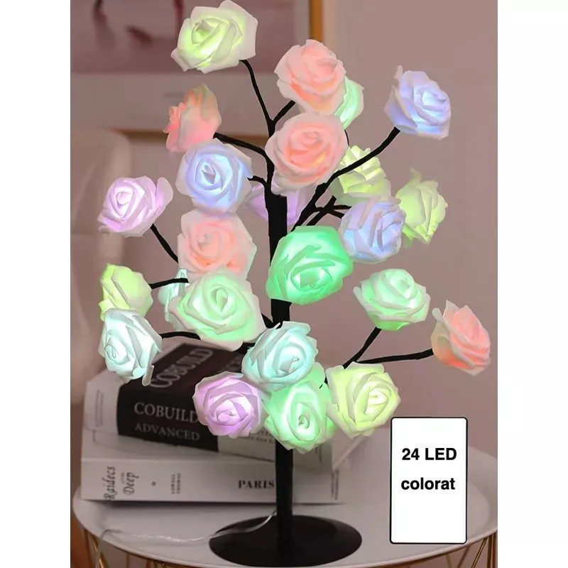 Veioza trandafir cu 24 de leduri, alb/crem, 45 cm