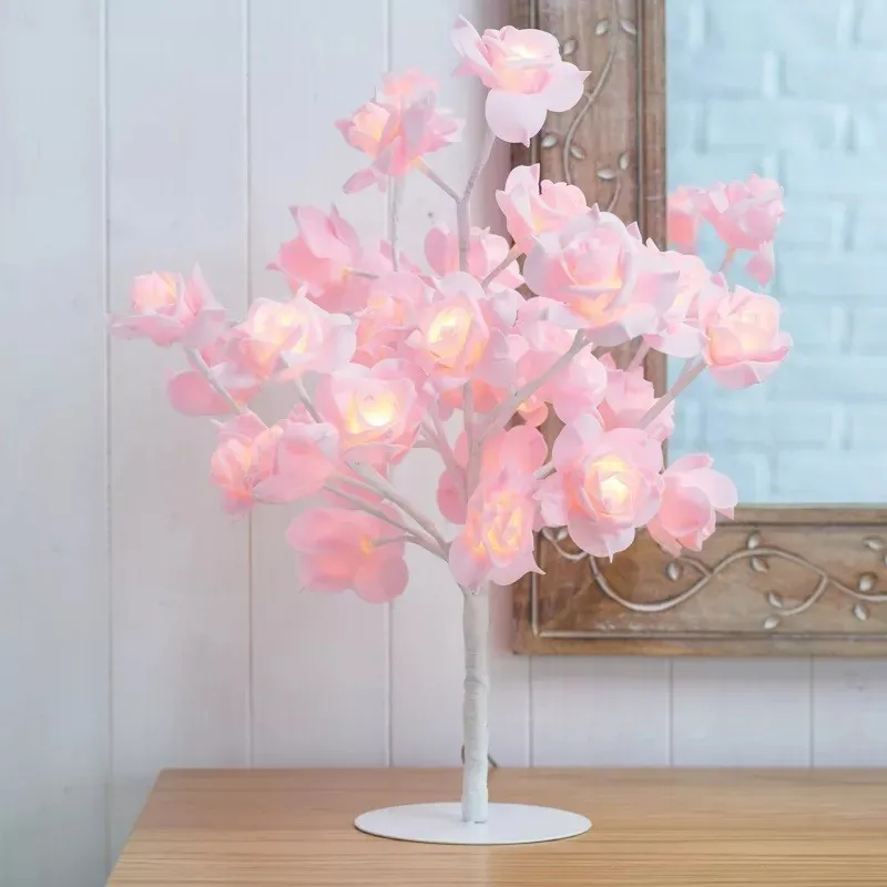 Veioza trandafir cu 24 de leduri, alb/crem, 45 cm