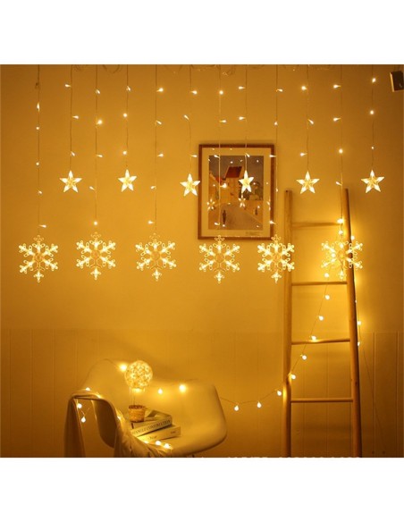 Instalatie perdea cu fulgi si stele, 3x1m, alb cald