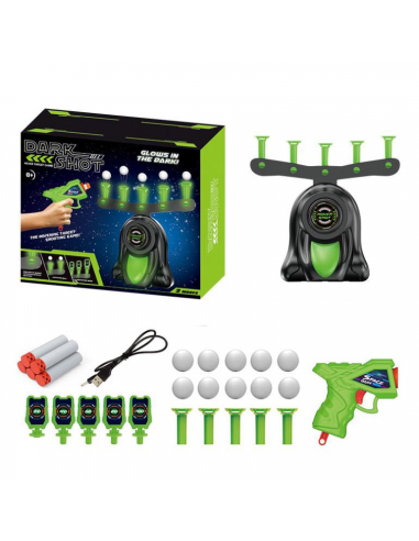 Jucarie zburatoare cu mingii si pistol cu tinte dark shot