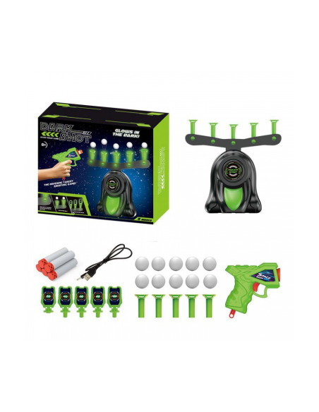 Jucarie zburatoare cu mingii si pistol cu tinte dark shot