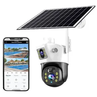 Camera de supraveghere duala, cu panou solar si Wi-Fi
