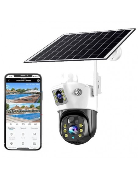 Camera de supraveghere duala, cu panou solar si Wi-Fi