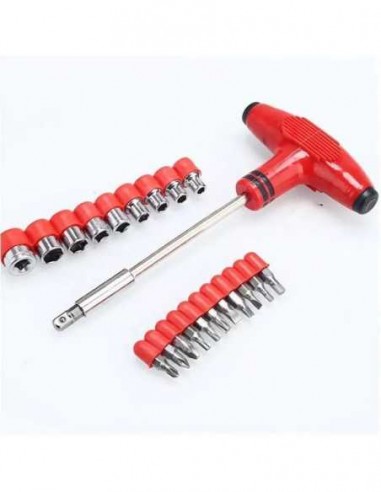 Set 21 Piese 9 Tubulare 11 Biti si Maner ROSU magnetic in forma